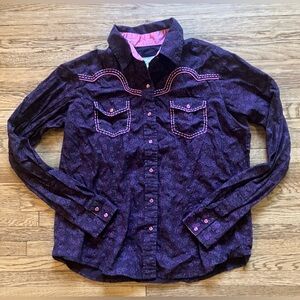 Cowgirl Legend Long Sleeve Snap Western Shirt Purple Print Pink Stitching Yoke L
